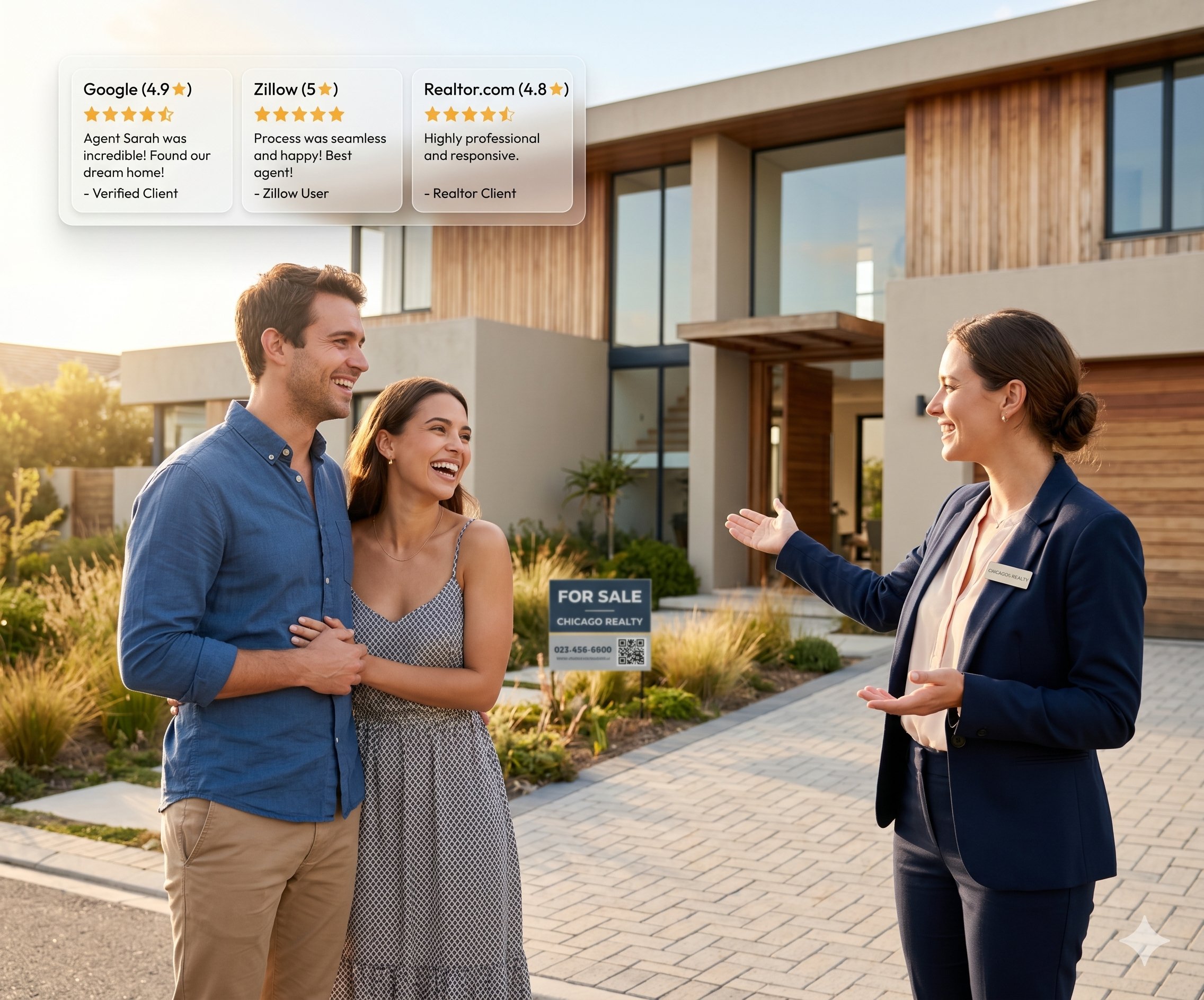 Real estate agent with satisfied clients