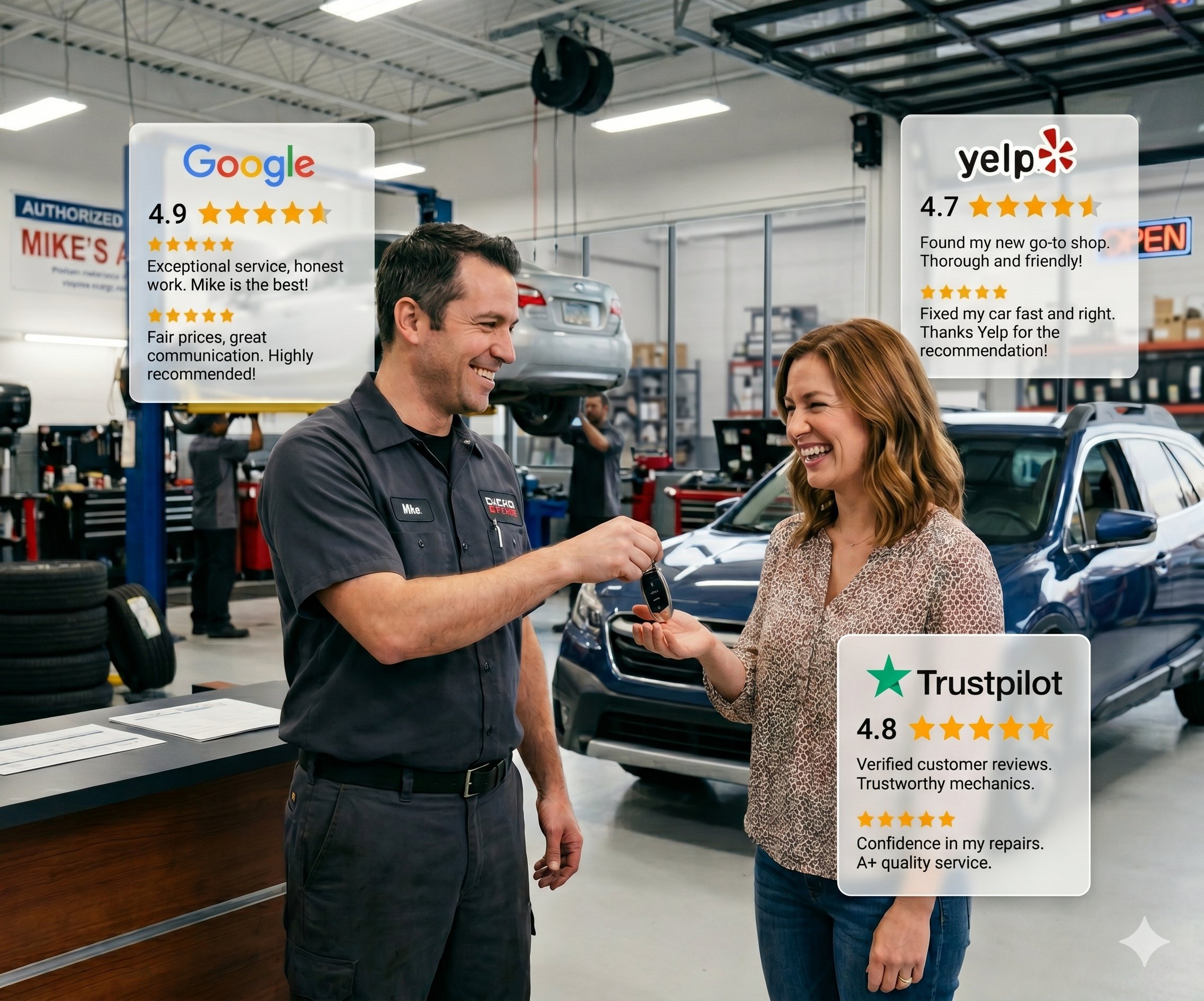 Automotive technician explaining service to customer